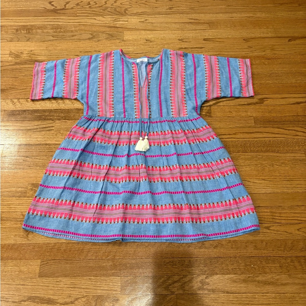 THML Embroidered Tassel Neck Tiered Denim Dress Blue Pink